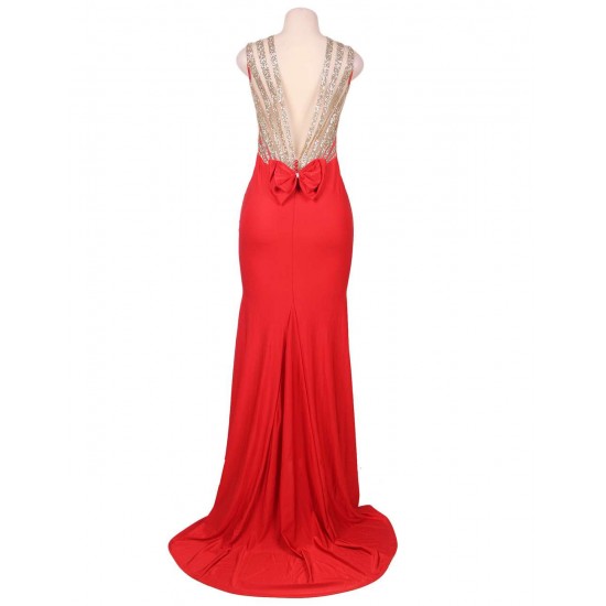 Red Backless Formal Evening Dress With Golden Strap