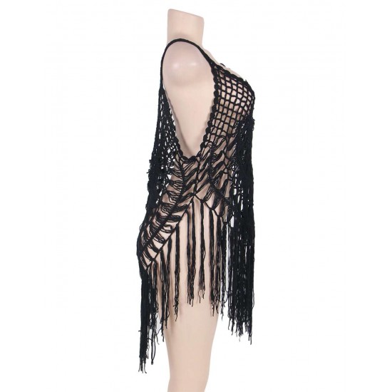 Black Knitted Hollow Out Cool Fringe Beachwear