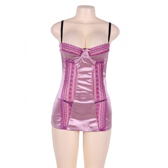 Purplish Red Deluxe Satin Lace Stitching Babydoll