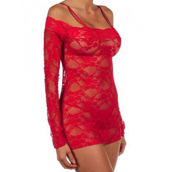 Sexy Off -Shoulder Sheer Red Lace Chemise Dress