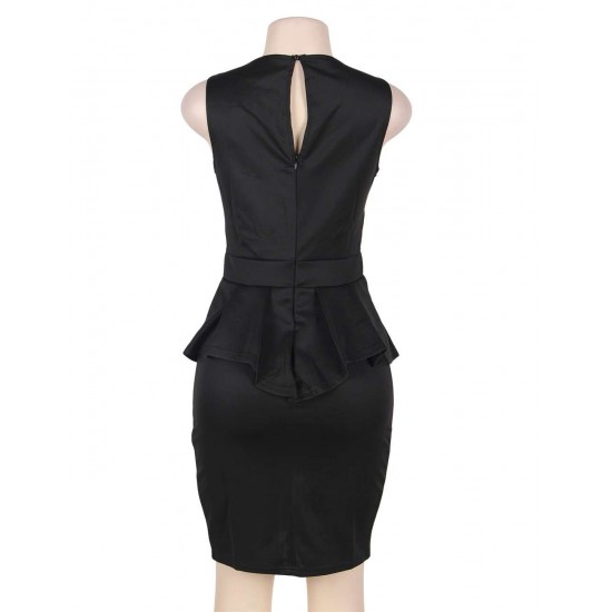 Bar Trim Pleated Peplum Black Midi Dress