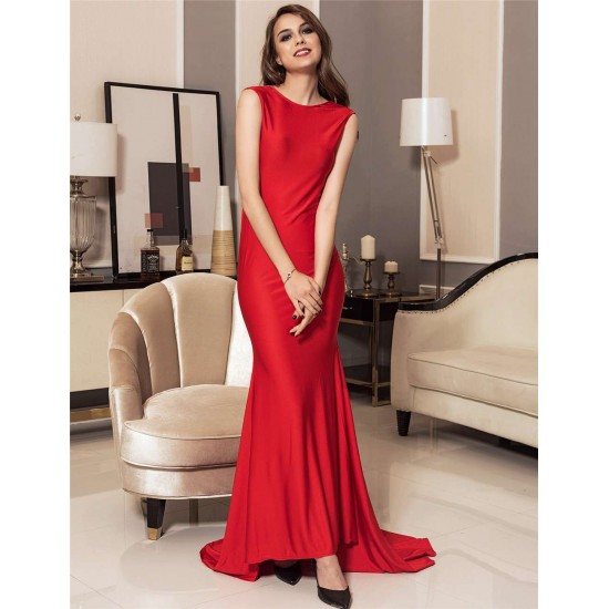 Red Backless Formal Evening Dress With Golden Strap