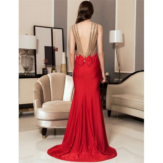 Plus Size Red Backless Formal Evening Dress With Golden Strap