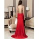 Red Backless Formal Evening Dress With Golden Strap