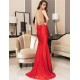 Red Backless Formal Evening Dress With Golden Strap