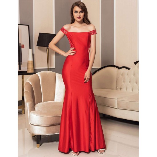 Plus Size  Red Gorgeous Off Shoulder Embroidery Evening Dress