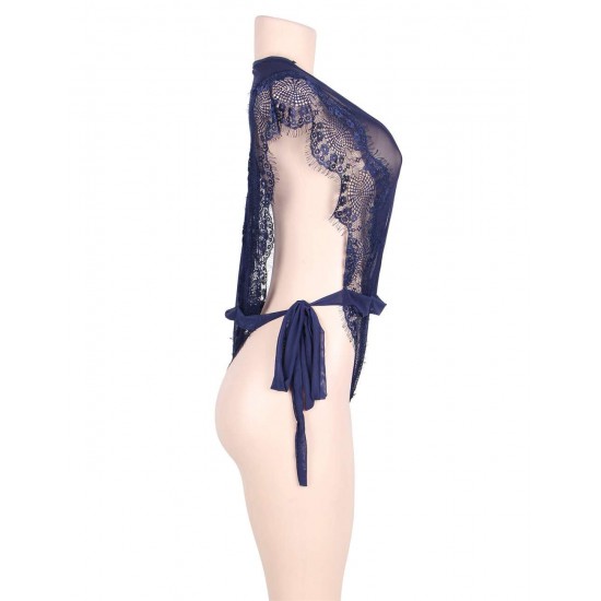 Navy Blue Ribbon Sash Eyelash Chiffon Teddy