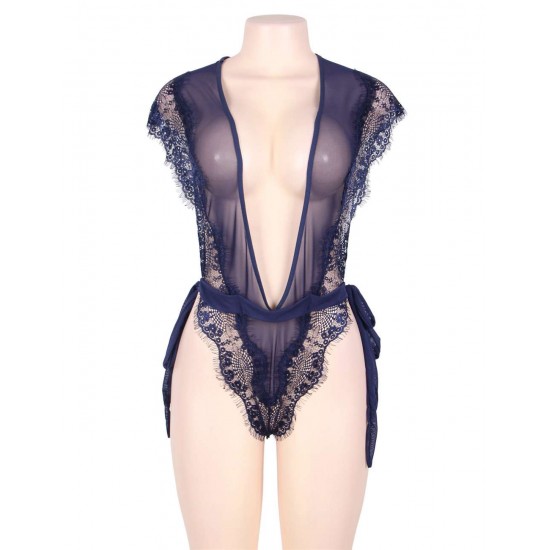 Navy Blue Ribbon Sash Eyelash Chiffon Teddy