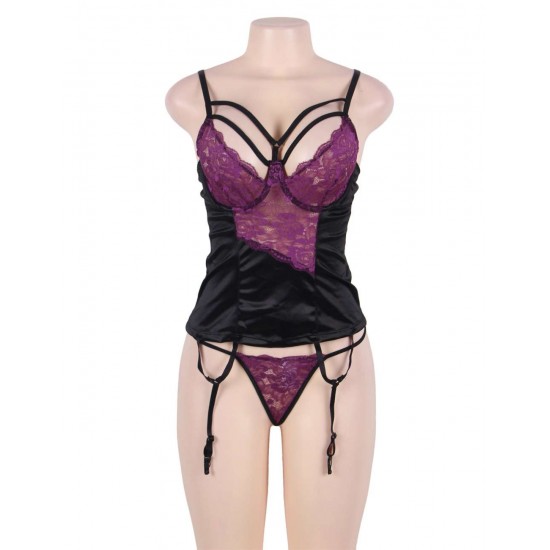 Plus Size Purple lace bustier lingerie set with bra rim