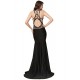 Plus Size Embroidery High Neck Keyhole Backless Black Party Gown