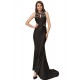 Embroidery High Neck Keyhole Backless Black Party Gown