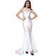 Embroidery Sleeveless High Neck Backless White Party Gown