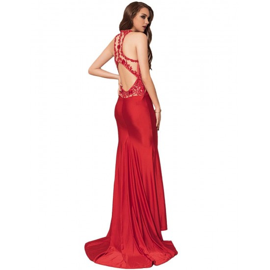 Plus Size High Neck Red Embroidery Flower Backless Party Dress