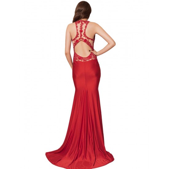 Plus Size High Neck Red Embroidery Flower Backless Party Dress