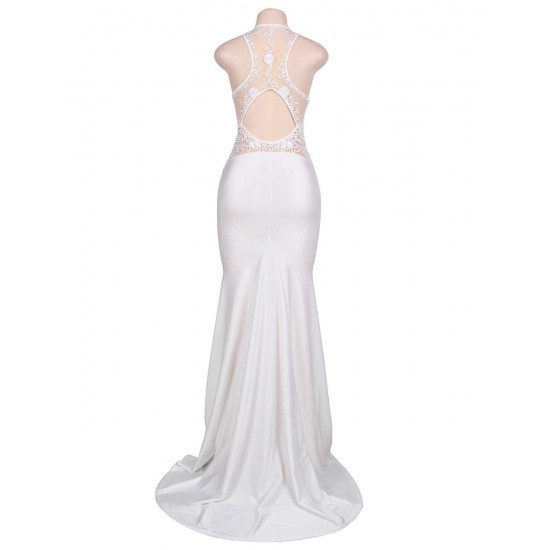 Embroidery Sleeveless High Neck Backless White Party Gown