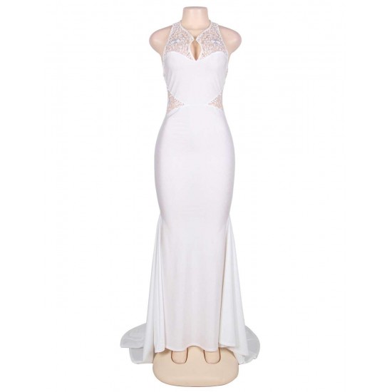 Plus Size Embroidery Sleeveless High Neck Backless White Party Gown