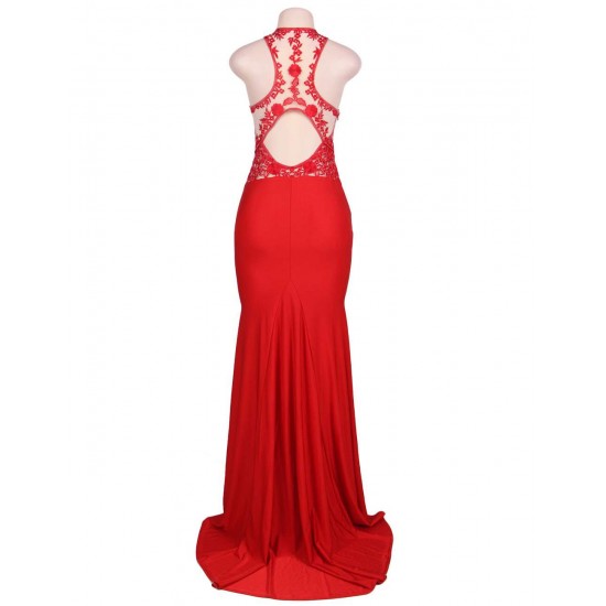 Plus Size High Neck Red Embroidery Flower Backless Party Dress