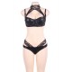 Black High Neck Lace Leather Bra Set