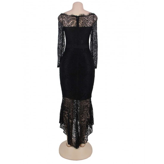 Plus Size Black Delicate Floral Lace Low Hem Evening Dress