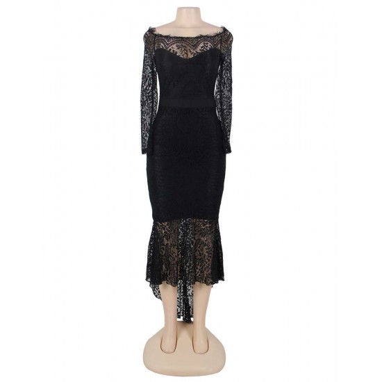 Black Delicate Floral Lace Low Hem Evening Dress