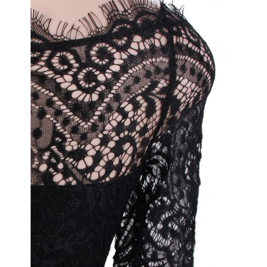 Plus Size Black Delicate Floral Lace Low Hem Evening Dress