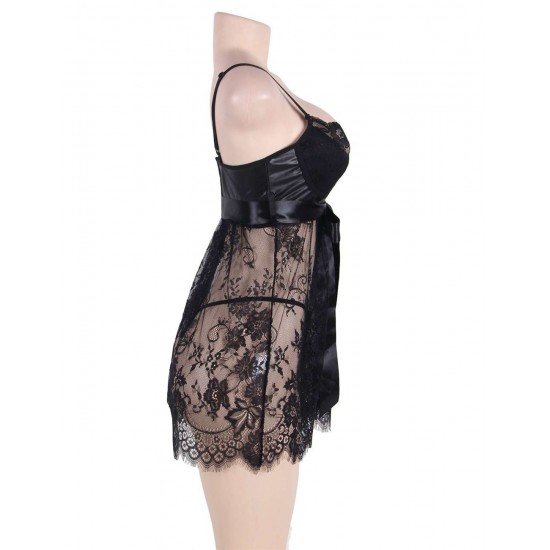 Sexy Black Eyelash Trim Lace Babydoll Set