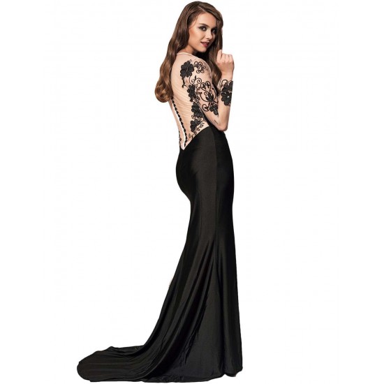 Plus Size Black Delicate Long Sleeve Embroidery Flower Party Gown