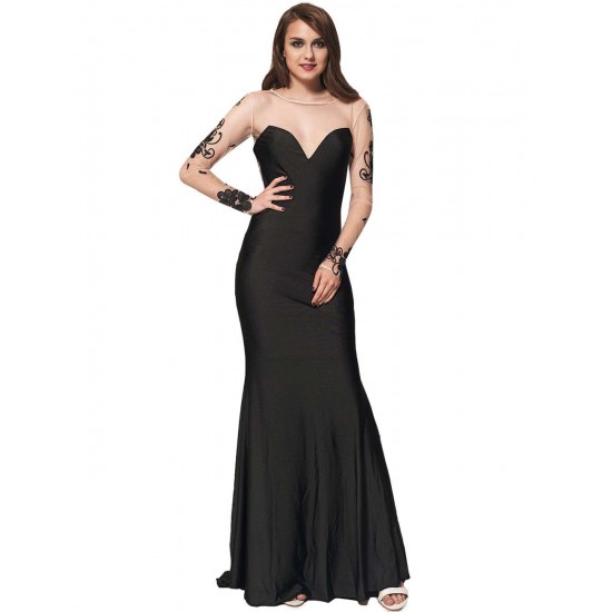 Black Delicate Long Sleeve Embroidery Flower Party Gown