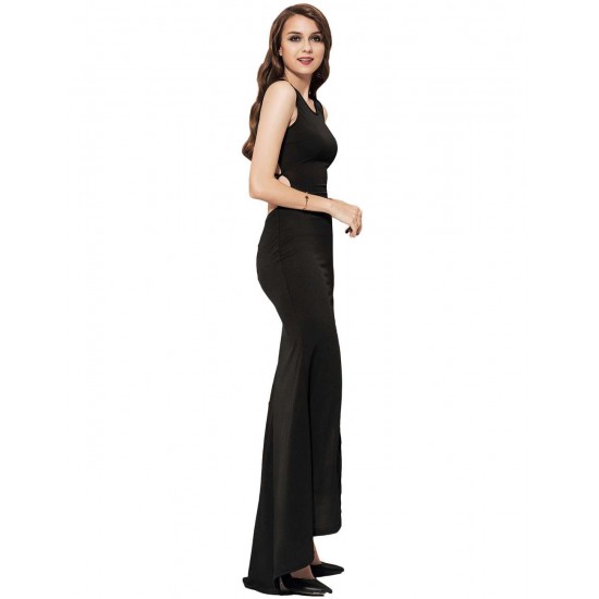 Plus Size Black Simple Straps Backless Slit Party Gown