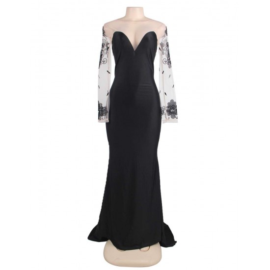 Plus Size Black Delicate Long Sleeve Embroidery Flower Party Gown