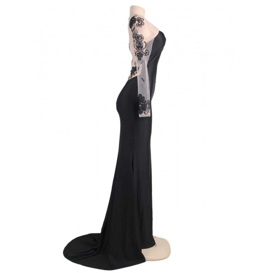 Plus Size Black Delicate Long Sleeve Embroidery Flower Party Gown