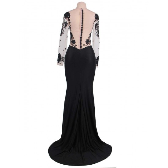 Plus Size Black Delicate Long Sleeve Embroidery Flower Party Gown