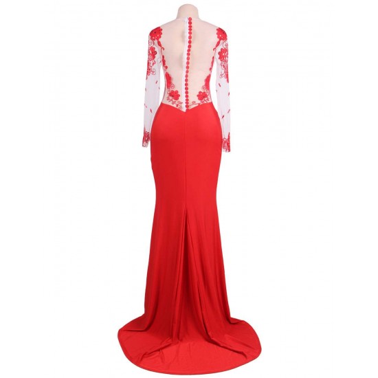 Red Elegant Embroidery Long Sleeve Maxi Party Dress