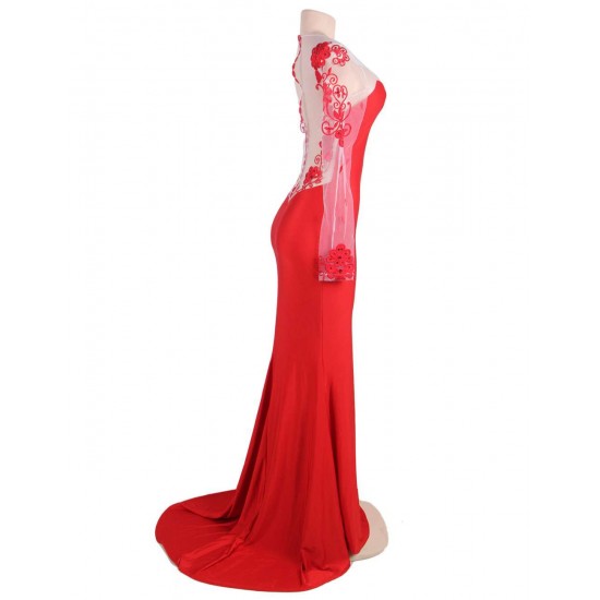 Plus Size Red Elegant Embroidery Long Sleeve Maxi Party Dress