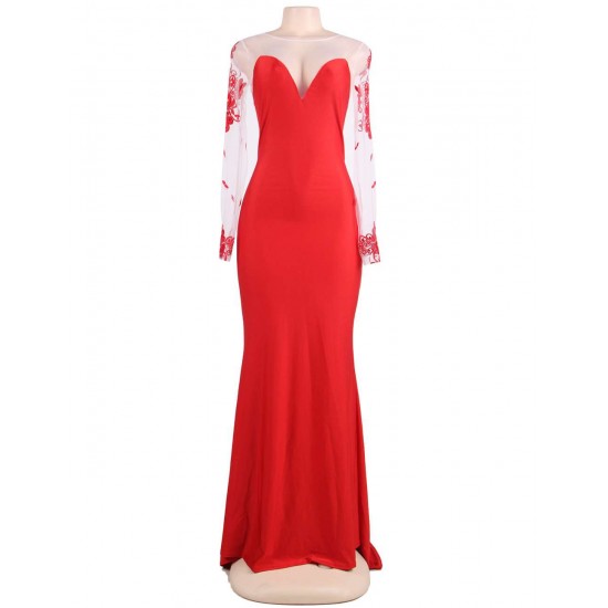 Red Elegant Embroidery Long Sleeve Maxi Party Dress