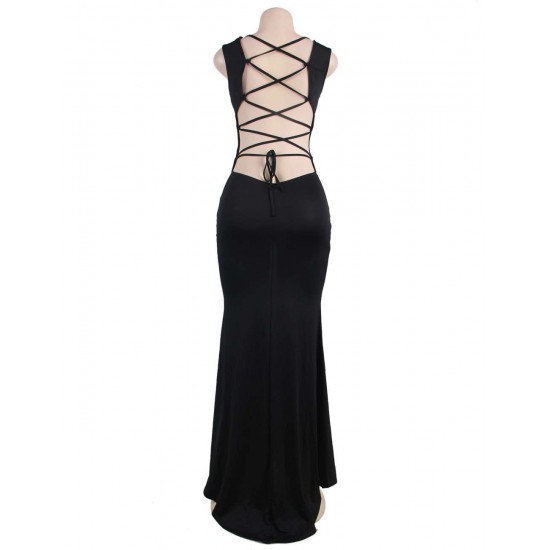 Plus Size Black Simple Straps Backless Slit Party Gown