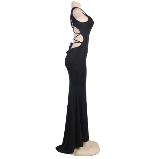 Black Simple Straps Backless Slit Party Gown