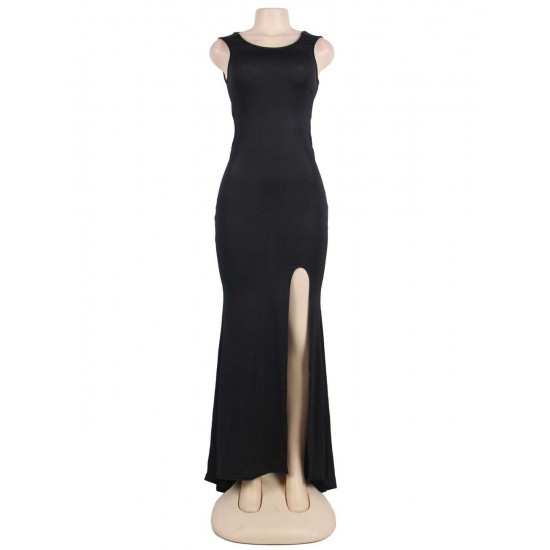 Plus Size Black Simple Straps Backless Slit Party Gown