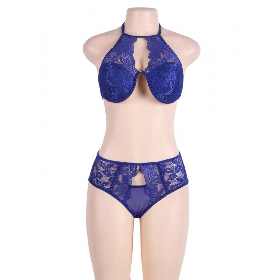 Blue Lace Rim Keyhole Bra Set With Bra Pad