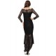 Black Delicate Floral Lace Low Hem Evening Dress