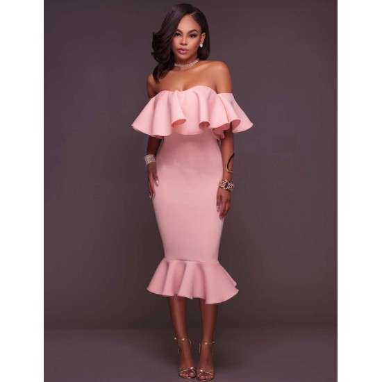 Pink Ruffle Off-Shoulder Mermaid Bodycon Dress