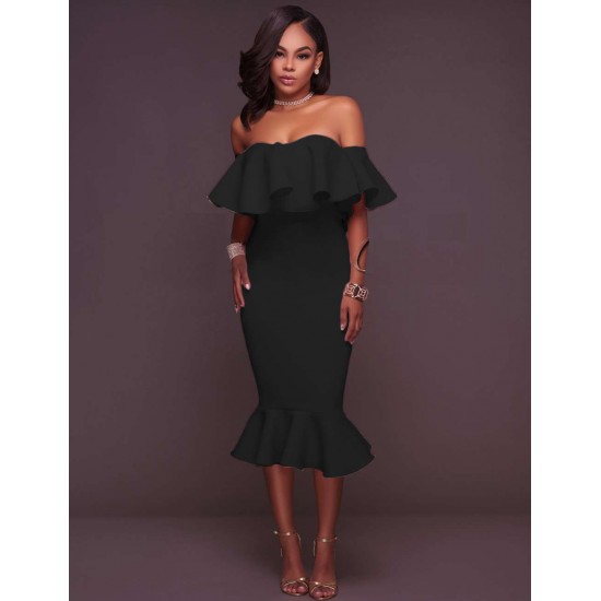 Plus Size Ruffle Off-Shoulder Midi Black Bodycon Dress