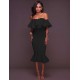 Ruffle Off-Shoulder Midi Black Bodycon Dress