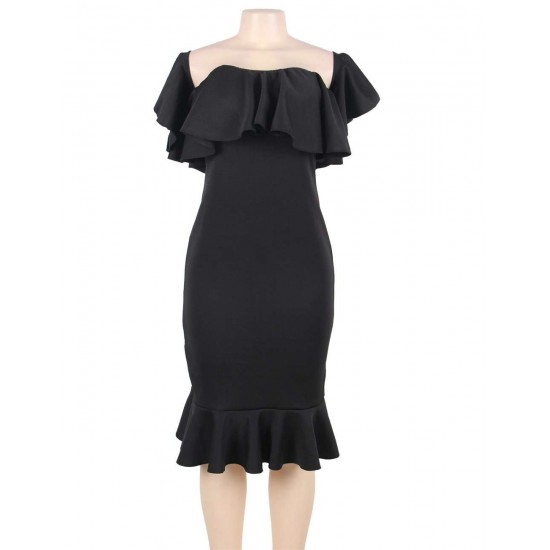 Ruffle Off-Shoulder Midi Black Bodycon Dress