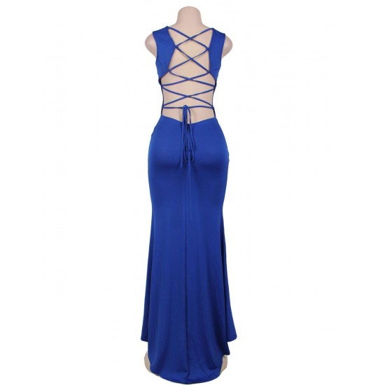 Blue Croch Straps Back  Slit Party Gown