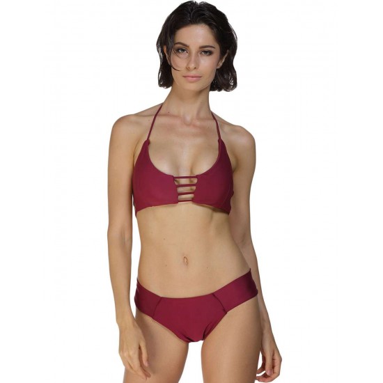 Ladies Dark Red Padded Gather Sexy Bikini Set