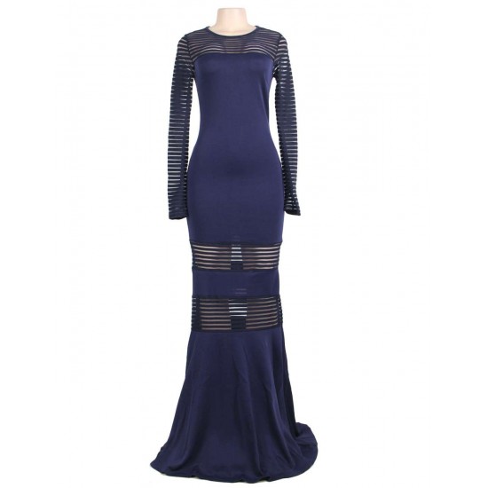 Fishtail Elegant Blue Stripe Evening Dress