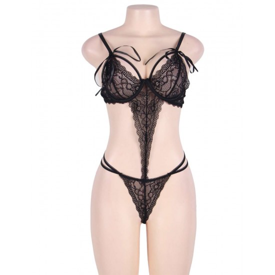 Love Affair Black Scalloped Lace Teddy Lingerie