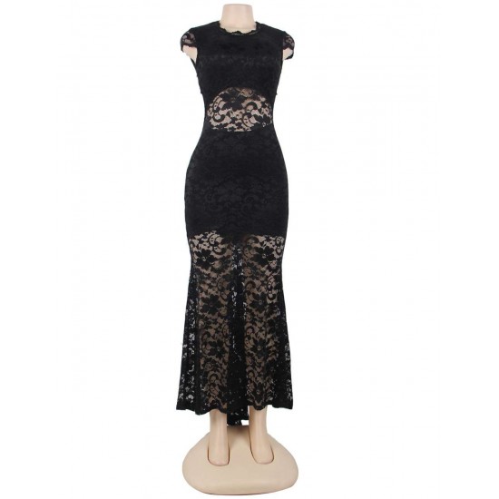 Short Sleeve Black Lace Backless Party Gown