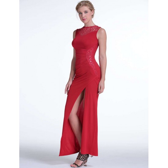 Elegant Red Side Lace Detail Ruched Dress